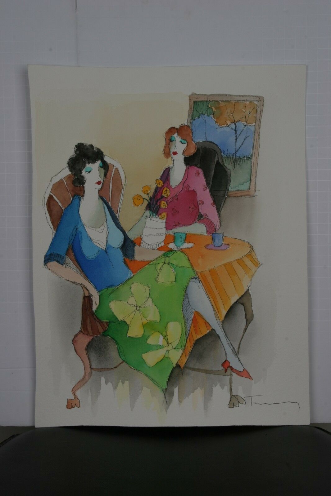 "At the Café No. 3" by Isaac Tarkay Watercolor on Paper 17 x 12.75 w/ CoA