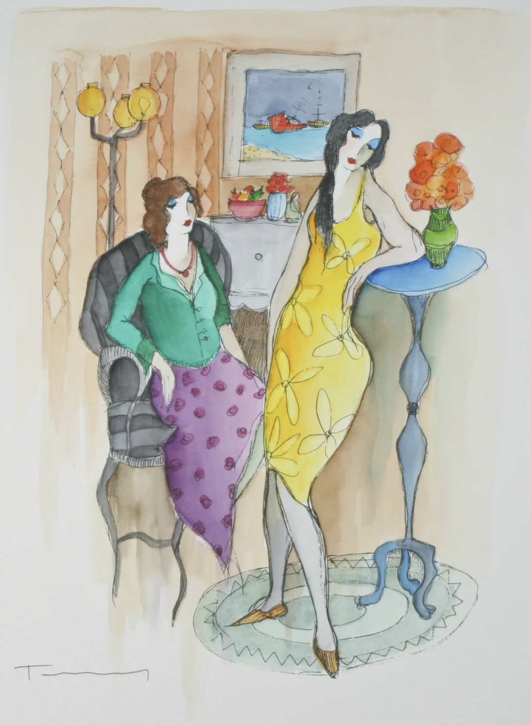 "En Repos" By Itzchak Tarkay Signed Original Watercolor and Pencil