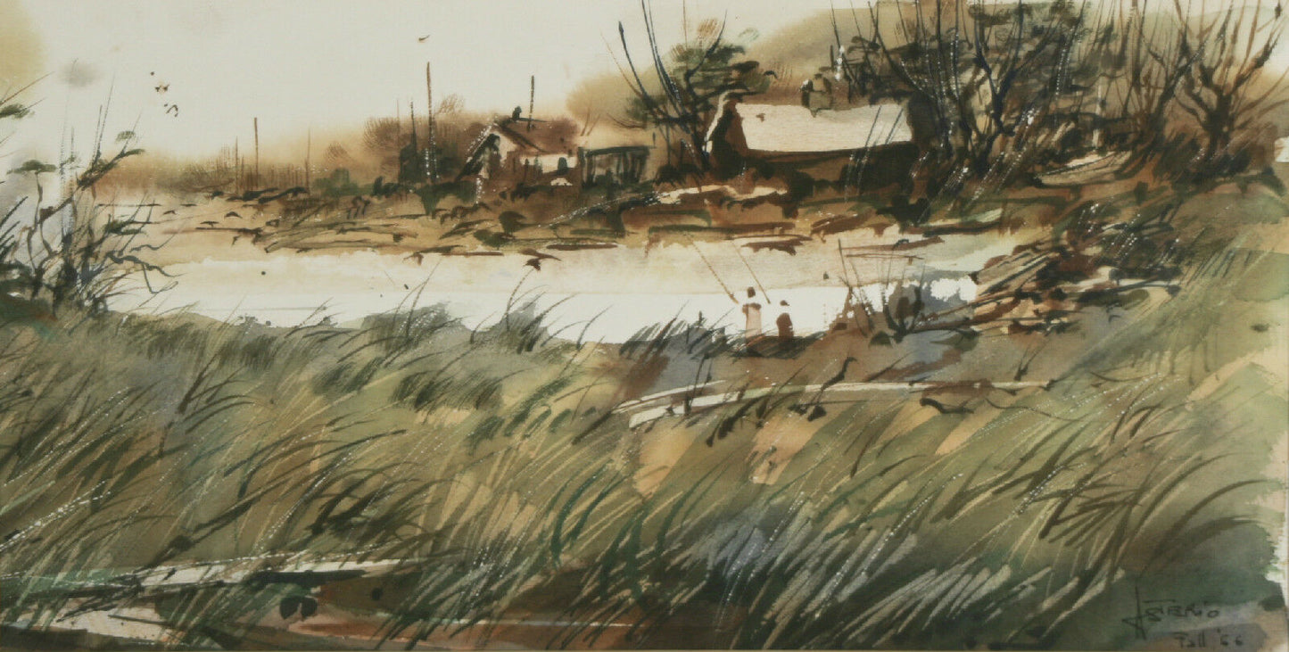 Asterio Pascolini Landscape Fall 1966 Signed Watercolor Painting 20"x28 1/2"
