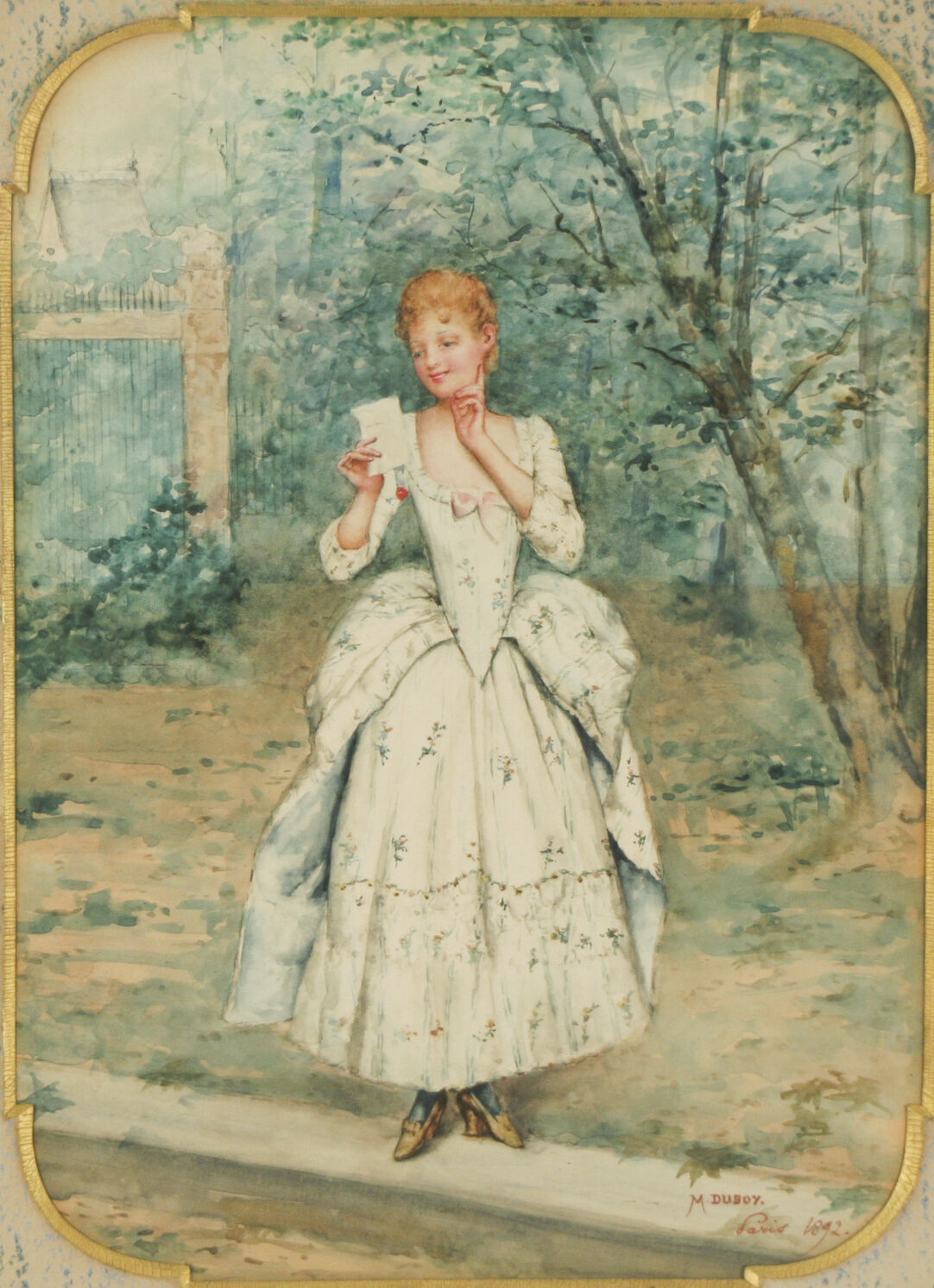 Untitled (Woman in Park Reading Letter) by M. Duboy Signed Watercolor 24x20 1/2