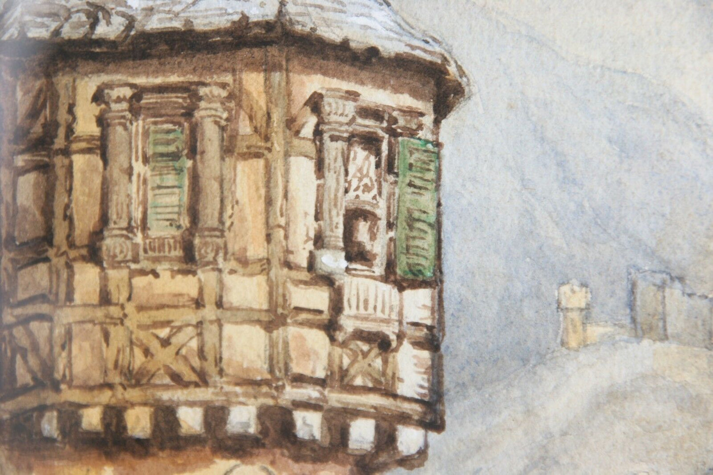 Untitled Medieval House by Lake Watercolor on Paper Unknown Artist 10.5" x 7.5"
