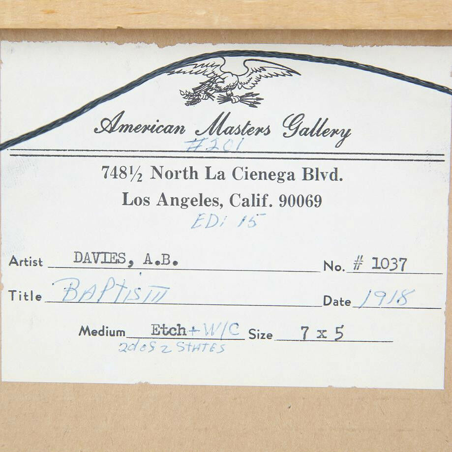 "Baptism" By Arthur Bowen Davies Signed 1918 Etching & Watercolor 13 3/4x11 3/4