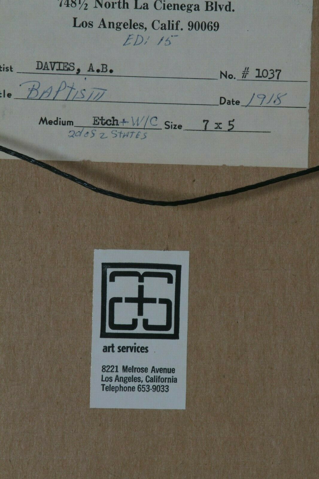 "Baptism" By Arthur Bowen Davies Signed 1918 Etching & Watercolor 13 3/4x11 3/4