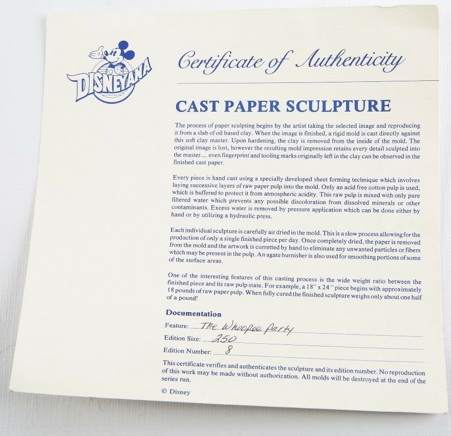 "The Whoopee Party" Mickey & Minnie Mouse Framed Cast Paper Embossed Print CoA