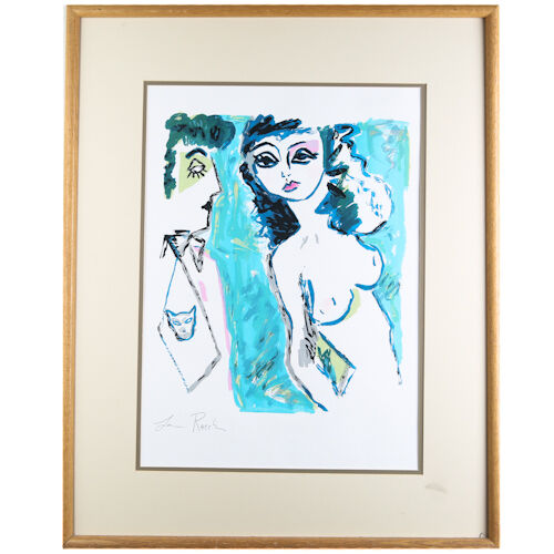 "Untitled" (Man with Cat Tie Staring at Nude Woman) Watercolor, Framed 31x25"