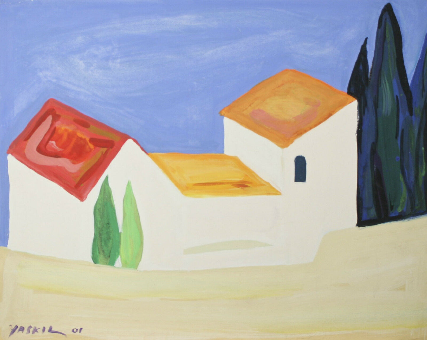 "Kibbutz" By Amos Yaskil Signed Unique Watercolor on Paper 20"x25"