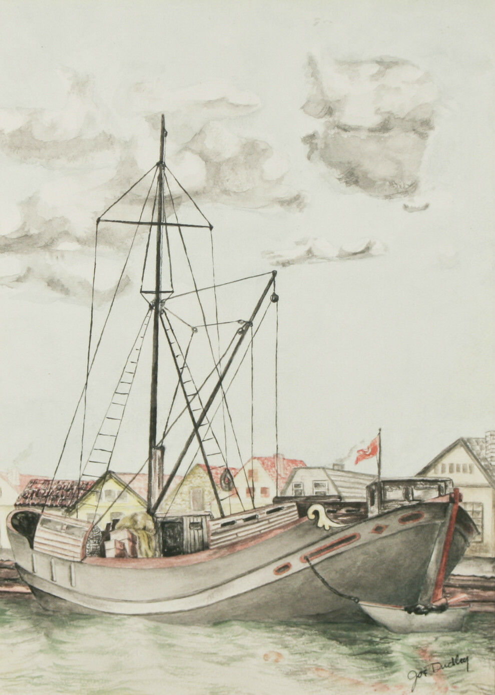 Untitled (Boat Scence) By Joe Dudley Signed Watercolor Framed 20"x16"