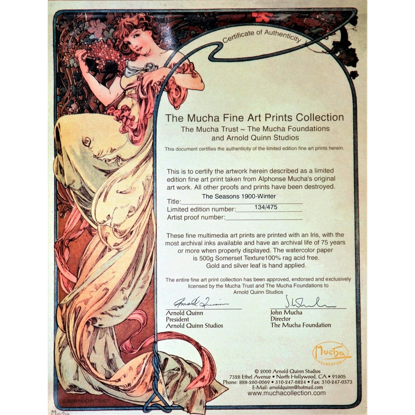 "The Seasons: Winter" (1900) by Alphonse Mucha Signed LE No. 134/475 Giclée
