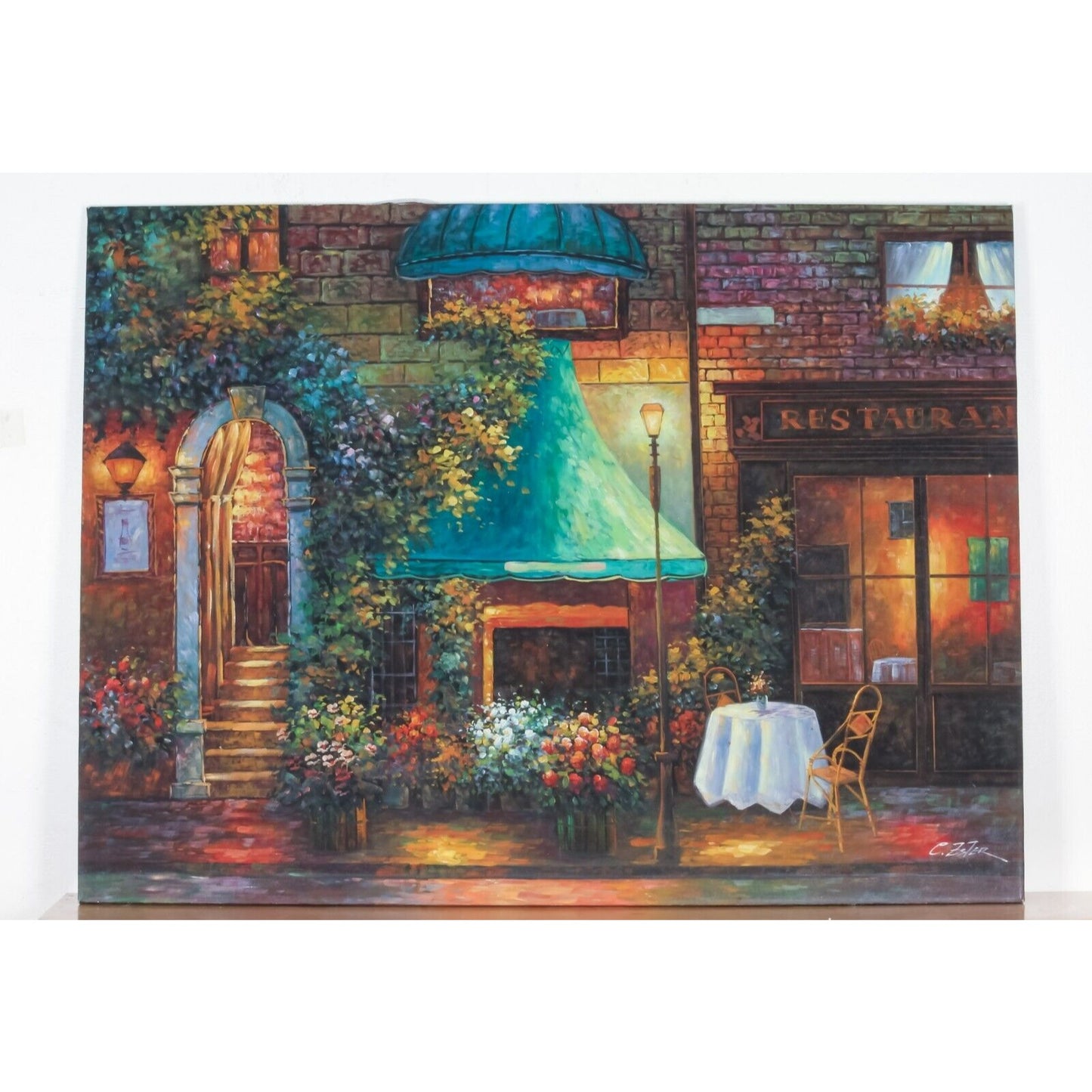 Original Acrylic on Canvas Bistro Scene Signed C Zeter