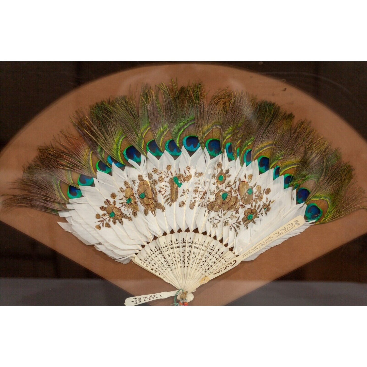19th Century Qing Dynasty Peacock Fan in Frame Gorgeous!