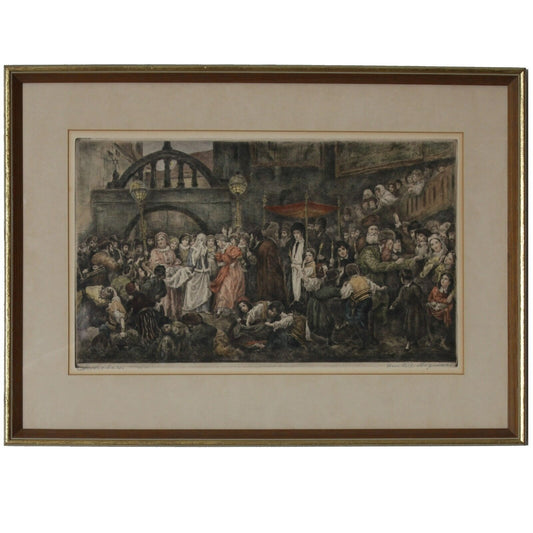 A Jewish Wedding in Galicia by Wilhelm August Stryowski Signed Colored Engraving
