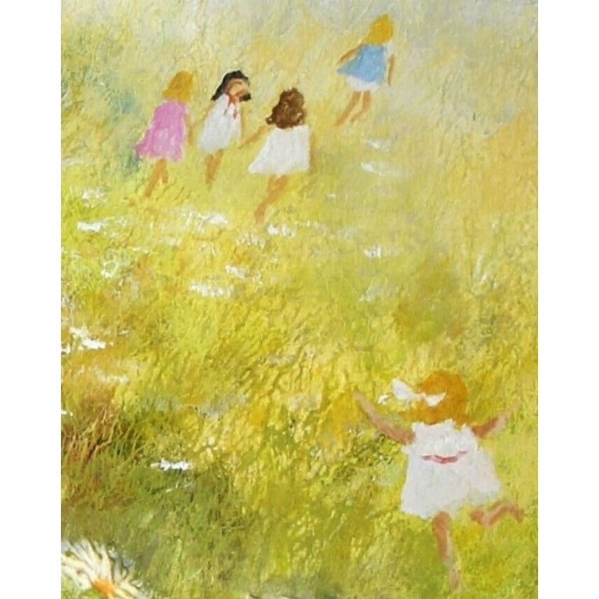 Lynne Heffner: Untitled - Girls Playing in Fields of Flowers Oil Painting Signed