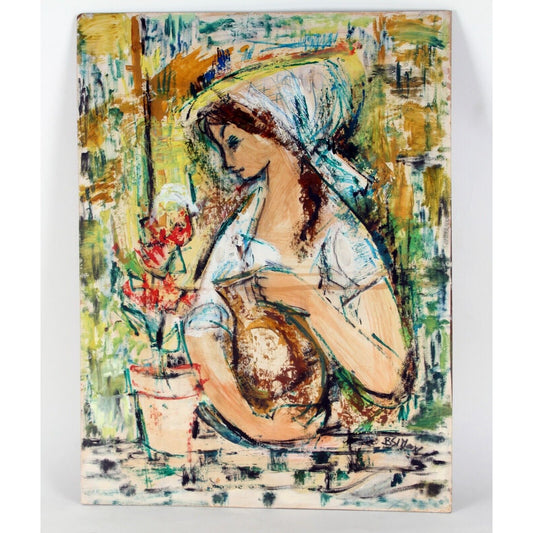 "Femme Avec La Plant" by BSI Moore, Oil Painting on Board, 24x18