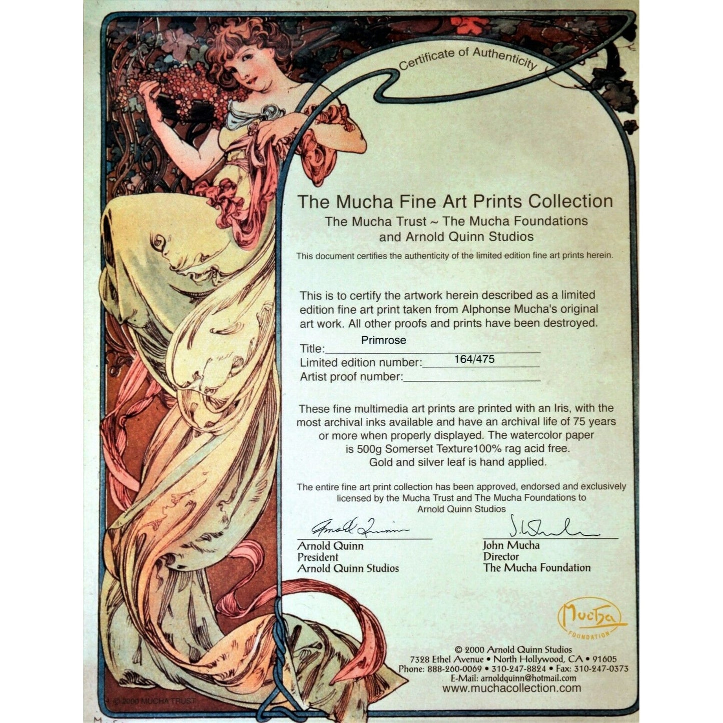 "Primrose" 1899 by Alphonse Mucha Signed LE #164/475 Giclée Framed w/ CoA