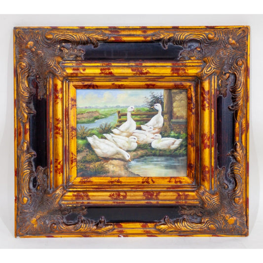 Gorgeous Untitled Oil Painting on Board of Ducks with Gilt Baroque Framed