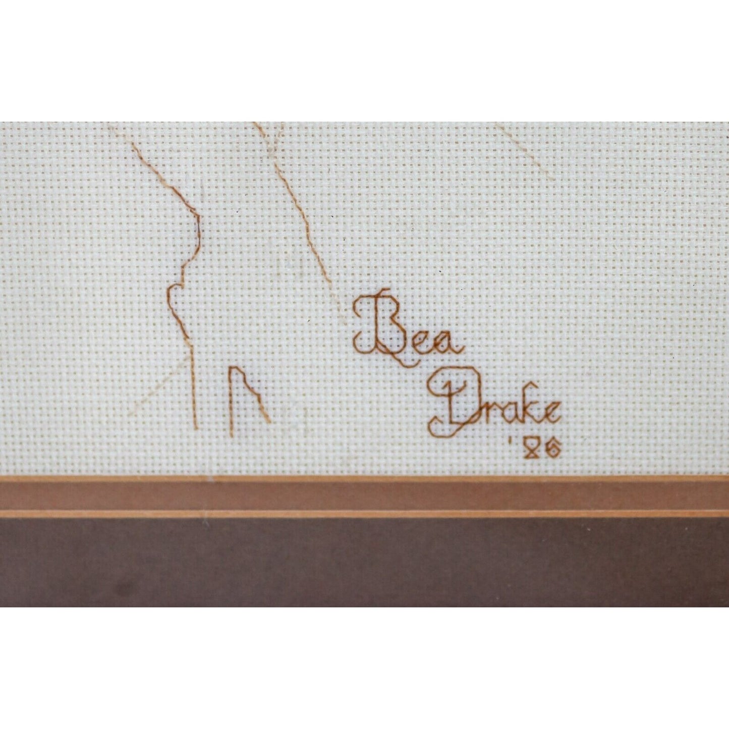 Untitled Sepia Toned Embroidery Cross-Stitch of Woman Signed Bea Drake 1986
