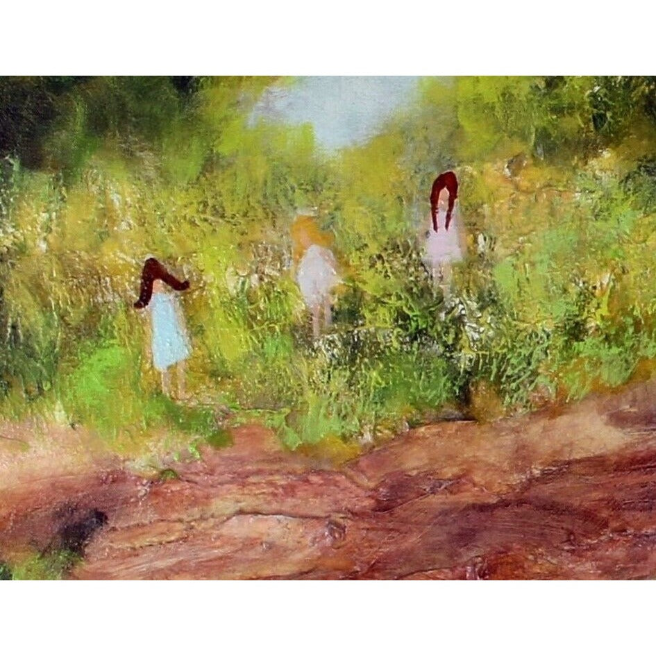 Lynne Heffner: Untitled - Children Playing, Flowers & Trees Oil Painting Signed