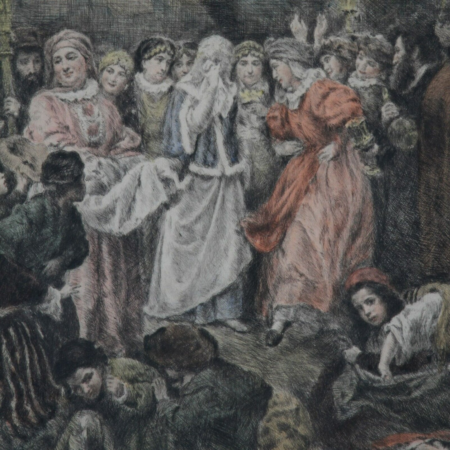 A Jewish Wedding in Galicia by Wilhelm August Stryowski Signed Colored Engraving