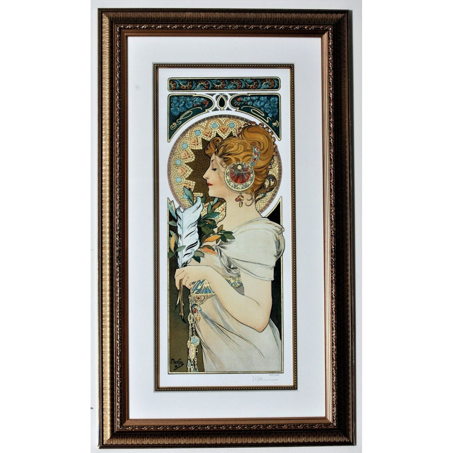 "Feather" 1899, Alphonse Mucha Signed LE No.209/475 Giclée Framed w/ CoA