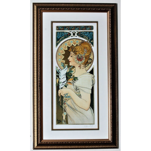 "Feather" 1899, Alphonse Mucha Signed LE No.209/475 Giclée Framed w/ CoA