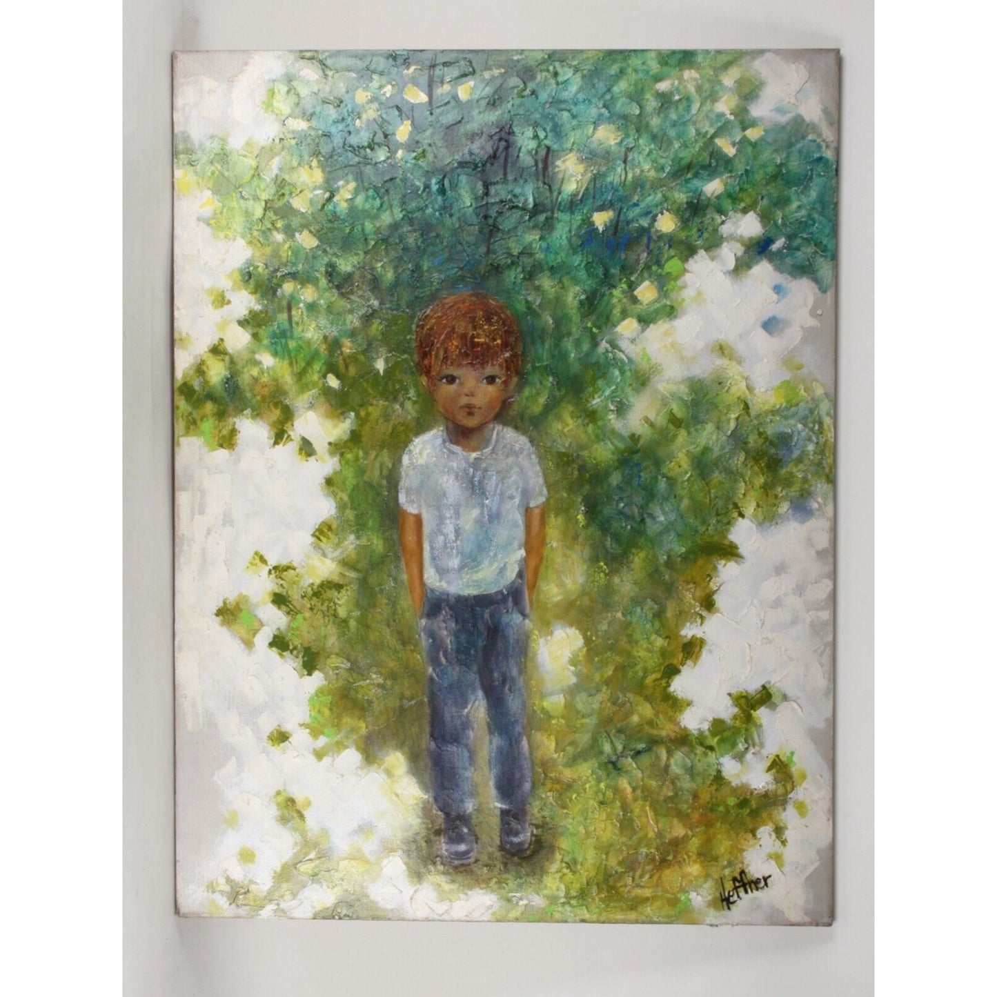 Lynne Heffner: Boy Hands in Pocket Oil Painting Signed