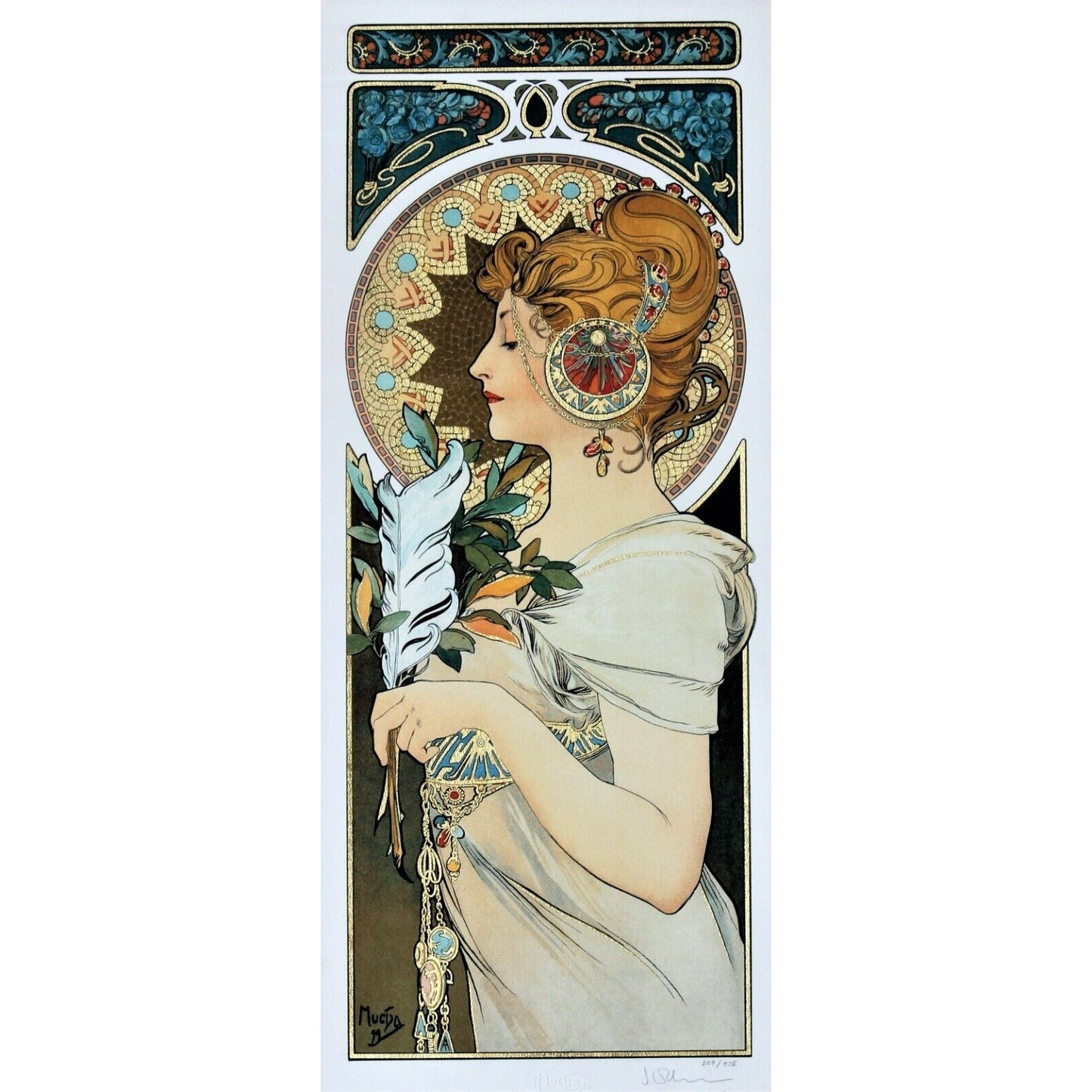 "Feather" 1899, Alphonse Mucha Signed LE No.209/475 Giclée Framed w/ CoA