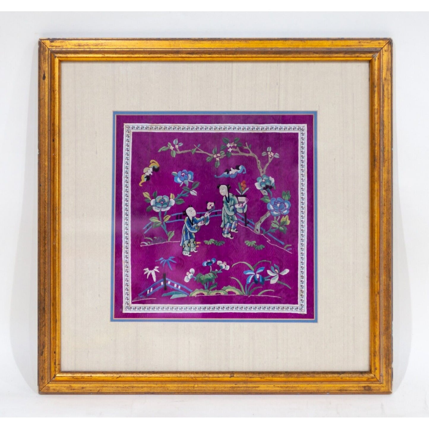Chinese Qing Dynasty Purple Silk Embroidered with Figures and Birds Framed