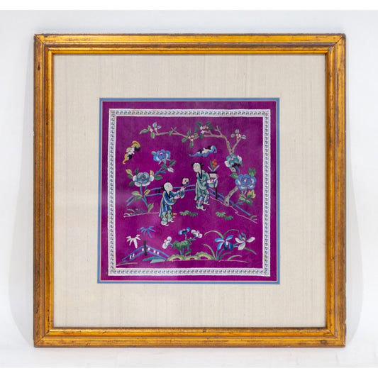 Chinese Qing Dynasty Purple Silk Embroidered with Figures and Birds Framed