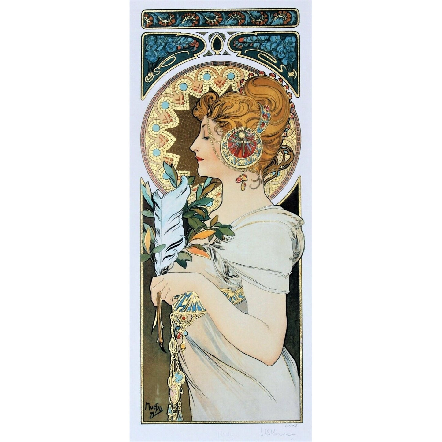 "Feather" 1899, Alphonse Mucha Signed LE No.207/475 Giclée Framed