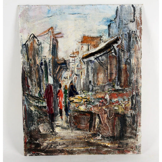 "Untitled" by Zvi Raphaly, Marketplace, Oil Painting on Board, 20x16