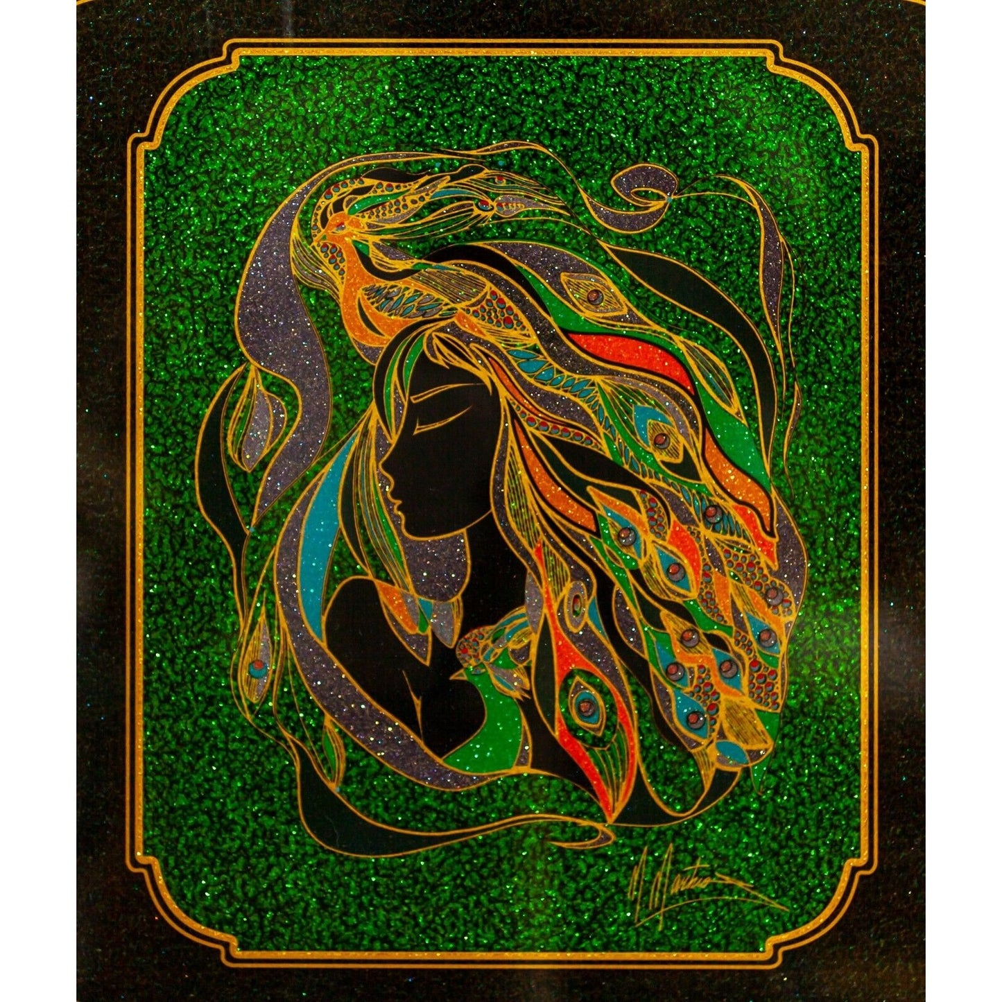 Original Mixed Media Portrait by Martrios Manoukian Gold Frame Gorgeous!