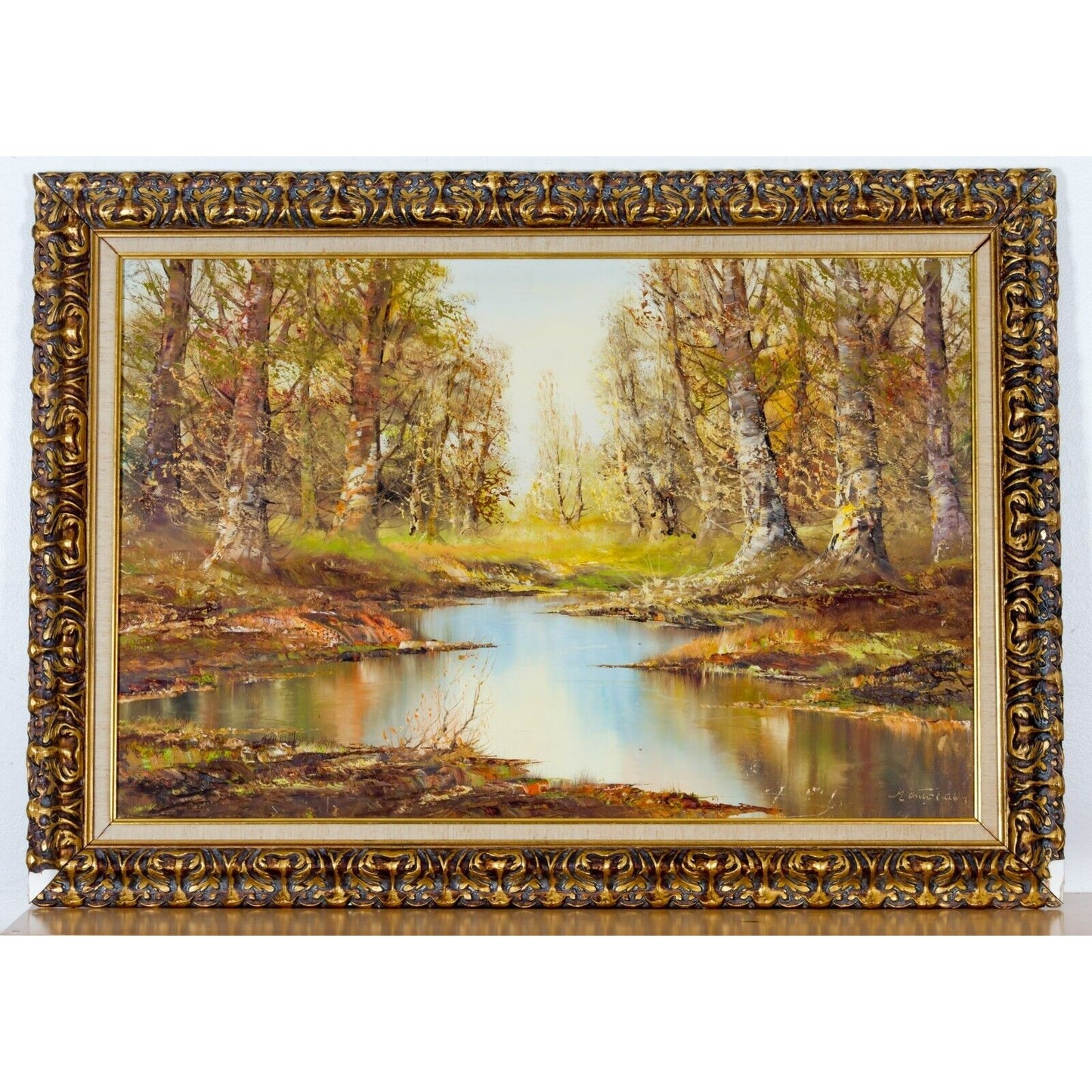 Untitled Autumn Landscape by Aldo Mantovani Oil on Canvas Framed Painting