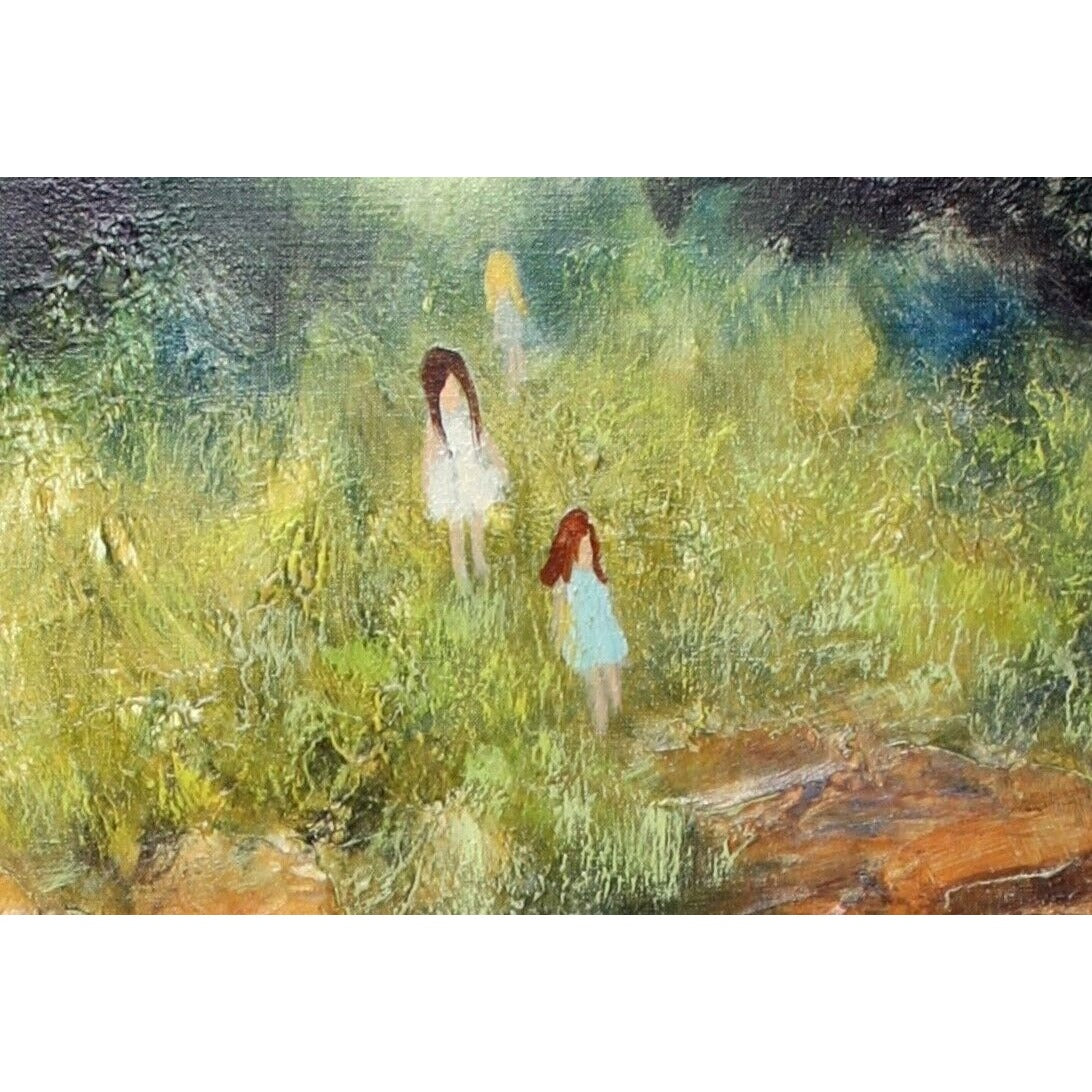 Lynne Heffner: Untitled - Children Playing, Flowers & Trees Oil Painting Signed