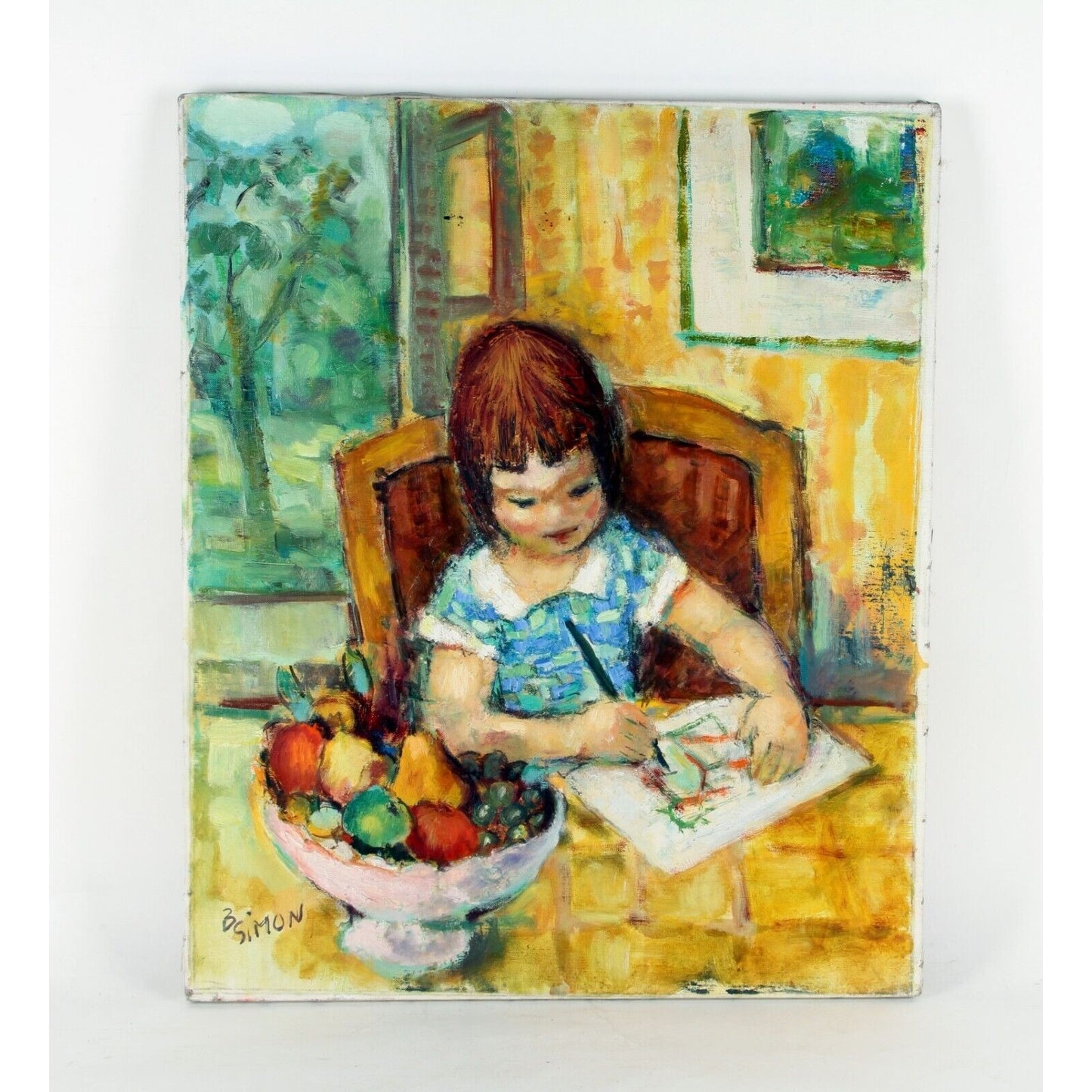 "Girl Drawing" by B. Simon, Oil Painting on Canvas, 24x20