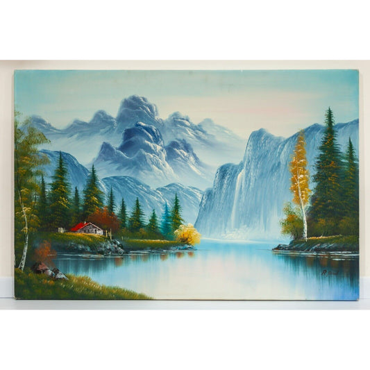 Untitled Mountain Landscape Oil Painting signed R Paul 36" x 24" Unframed