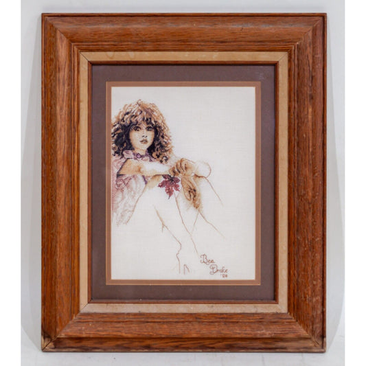Untitled Sepia Toned Embroidery Cross-Stitch of Woman Signed Bea Drake 1986