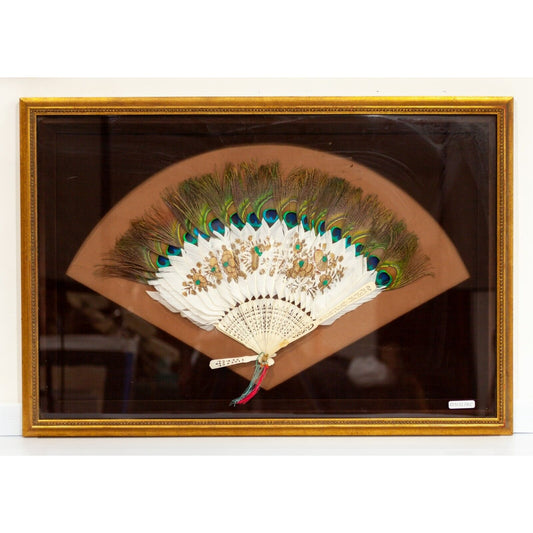 19th Century Qing Dynasty Peacock Fan in Frame Gorgeous!