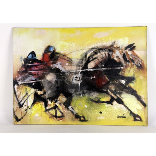UNTITLED HORSE RACE OIL ON BOARD BONAS 22" X 30" UNFRAMED