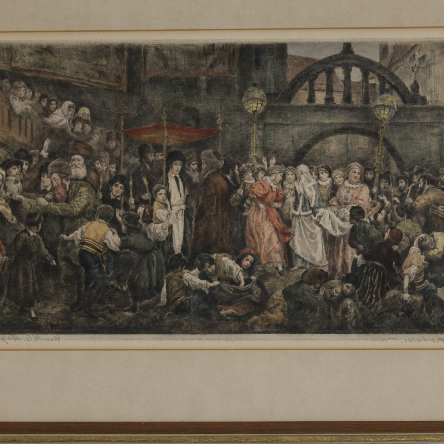 A Jewish Wedding in Galicia by Wilhelm August Stryowski Signed Colored Engraving