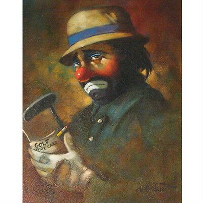 Clown Holding Golf Score Card by Chuck Oberstein Signed Framed Oil on Canvas