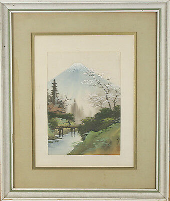 Untitled (Vintage Japanese Mt. Fuji) Painting Signed & Stamped on Silk 19"x16"