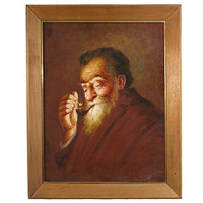 Untitled (Old Man Smoking) by Hector Moncayo Signed Framed Oil on Canvas