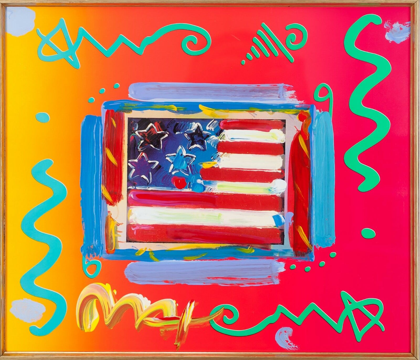 "Flag with Heart" by Peter Max Acrylic Overpaint Lithograph Signed Framed