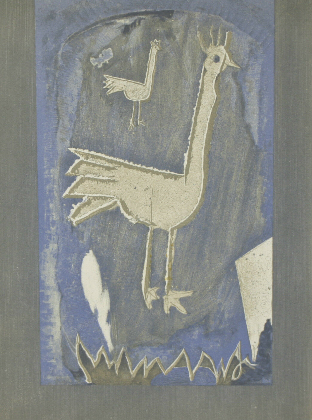 Untitled (Two Chickens on Blue Background) Framed and Matted Print 24"x20 1/2"