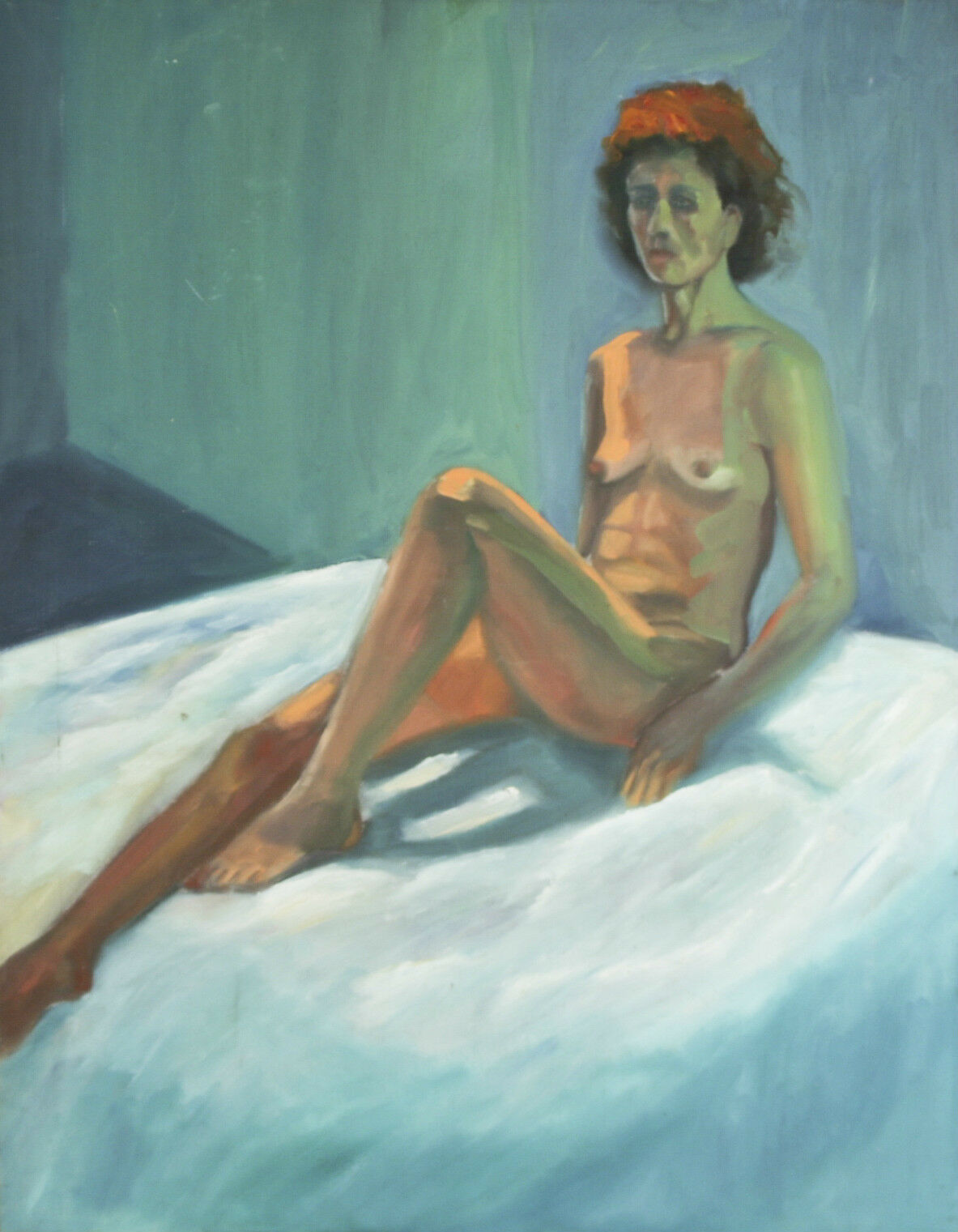 Untitled (Nude Sitting on Bed in Blue Room) Oil Painting on Canvas 28"x22"