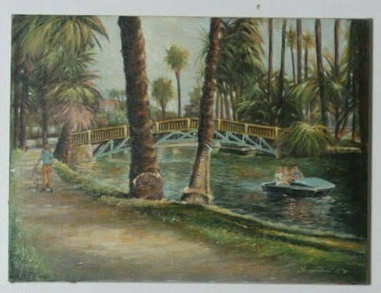 Recreation along the River (River w/ Palm Trees & Paddle Boat) By A. Sidoni Signed Oil on Canvas