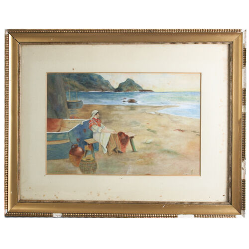 Untitled Watercolor Woman on Seashore Unknown Artist 18" x 23" Gorgeous Piece!