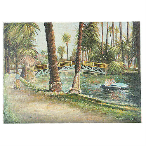 Recreation along the River (River w/ Palm Trees & Paddle Boat) By A. Sidoni Signed Oil on Canvas