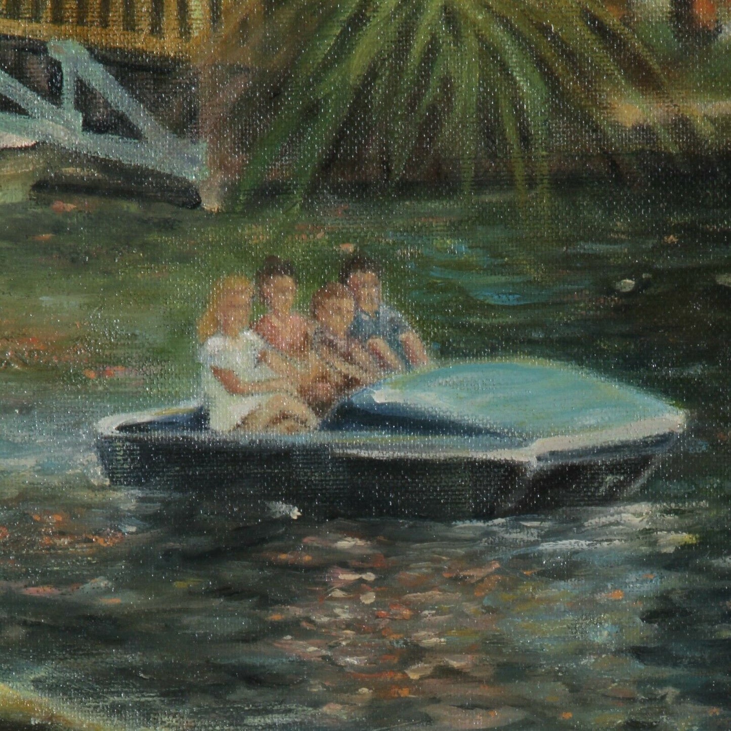 Recreation along the River (River w/ Palm Trees & Paddle Boat) By A. Sidoni Signed Oil on Canvas