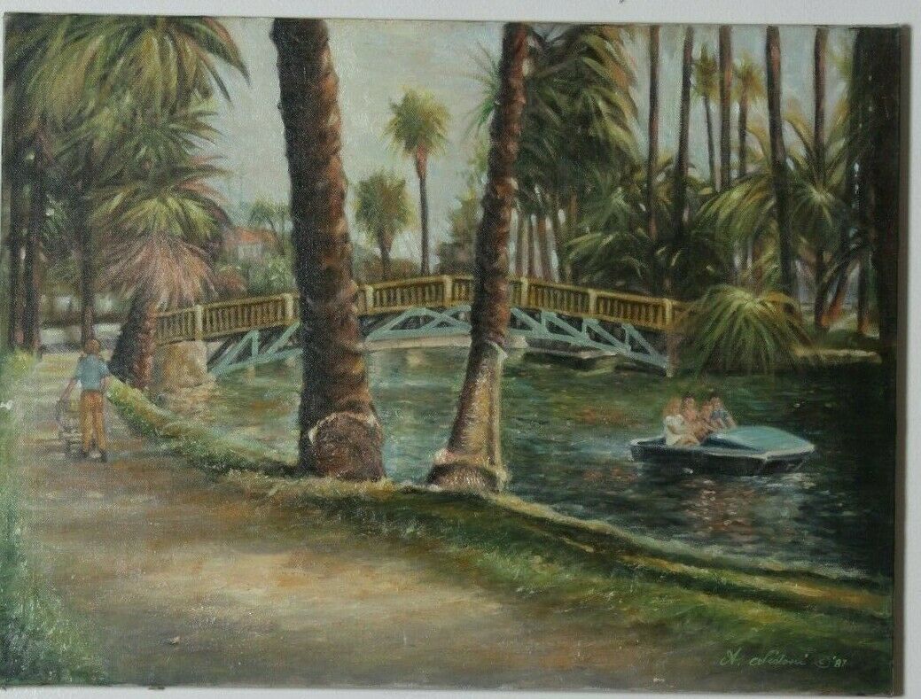 Recreation along the River (River w/ Palm Trees & Paddle Boat) By A. Sidoni Signed Oil on Canvas